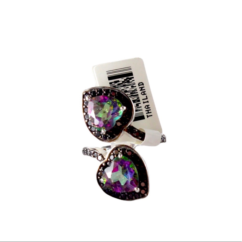 NWT Mystic Topaz double heart sterling ring with black pave design